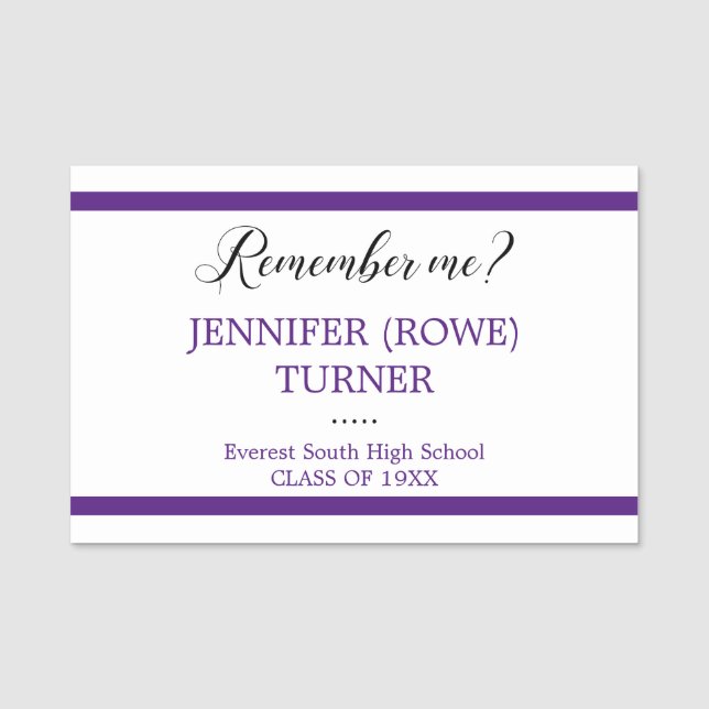 Purple Stripes Remember Me School Class Reunion Name Tag (Front)