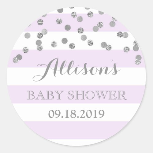 Purple Stripes Silver Confetti Baby Shower Favor Classic Round Sticker