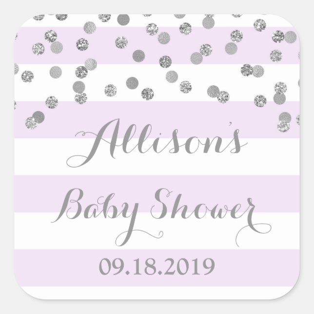 Purple Stripes Silver Confetti Baby Shower Favor Square Sticker (Front)
