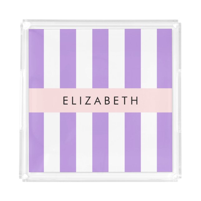 Purple Stripes, Striped Pattern, Lines, Your Name Acrylic Tray (Front)