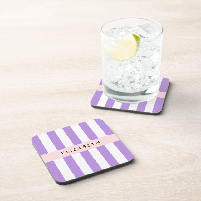 Purple Stripes, Striped Pattern, Lines, Your Name Beverage Coaster (Right Side)