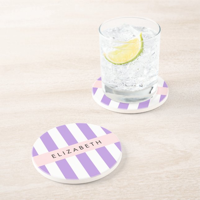 Purple Stripes, Striped Pattern, Lines, Your Name Coaster (Side)
