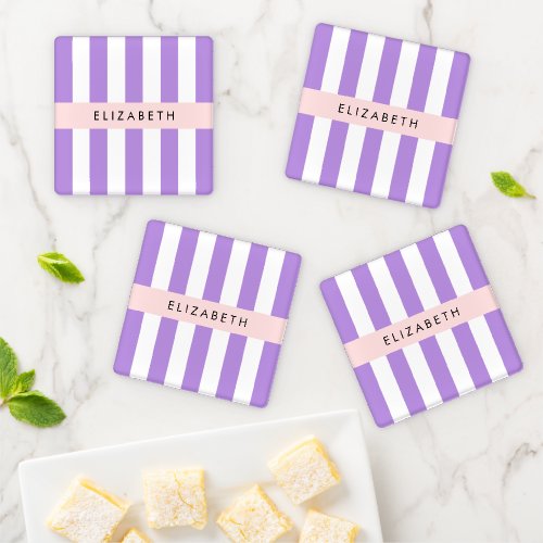 Purple Stripes Striped Pattern Lines Your Name Coaster Set