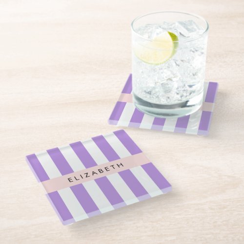 Purple Stripes Striped Pattern Lines Your Name Glass Coaster