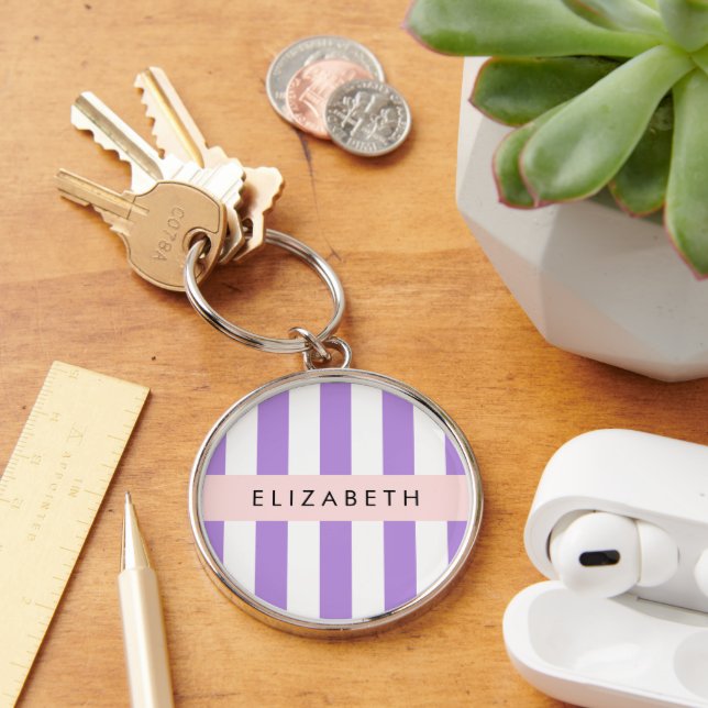 Purple Stripes, Striped Pattern, Lines, Your Name Keychain (Desk)