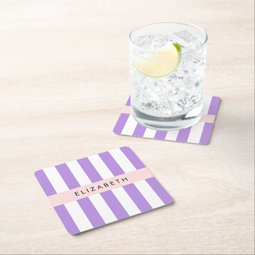 Purple Stripes Striped Pattern Lines Your Name Square Paper Coaster