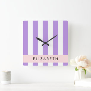 Purple Stripes, Striped Pattern, Lines, Your Name Square Wall Clock