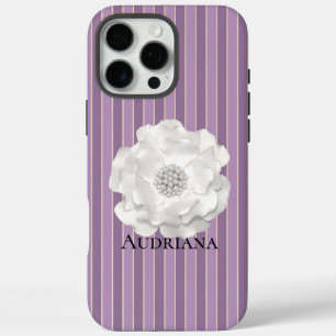 Purple Stripes White Pearls Flower iPhone 16 Pro Max Case