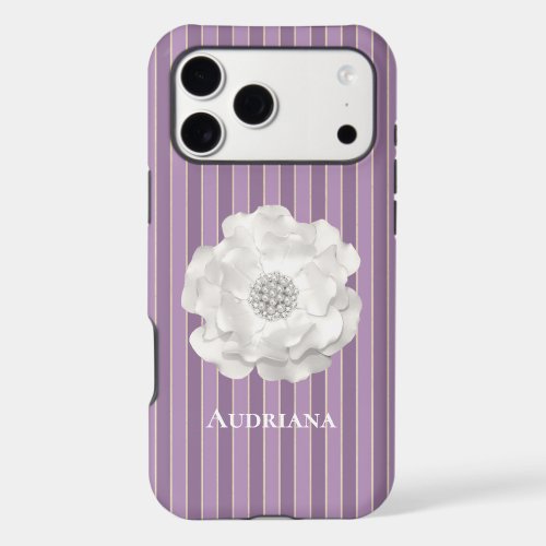 Purple Stripes White Pearls Flower   iPhone 17 Pro Max Case