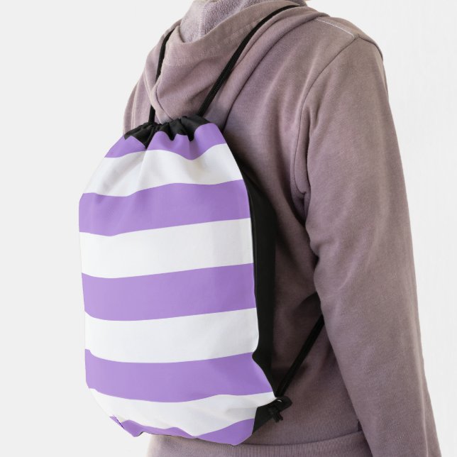 Purple Stripes, White Stripes, Striped Pattern Drawstring Bag (Insitu)