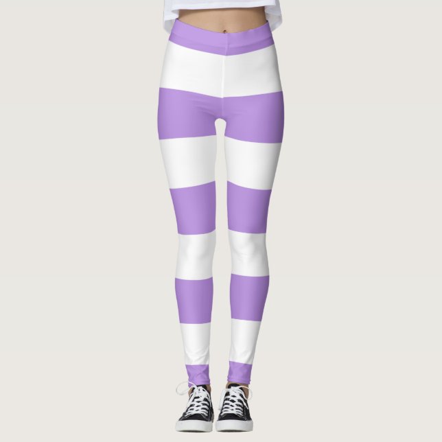 Purple Stripes, White Stripes, Striped Pattern Leggings (Front)
