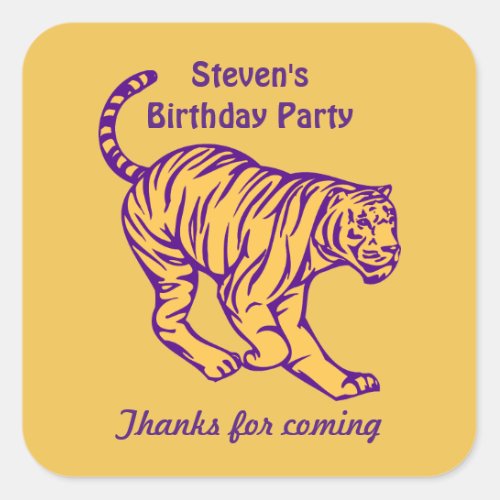 Purple Stripes Wild Cat Tiger Birthday Thank You Square Sticker