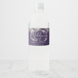 Purple Stylish String Lights Floral Wedding Water Bottle Label