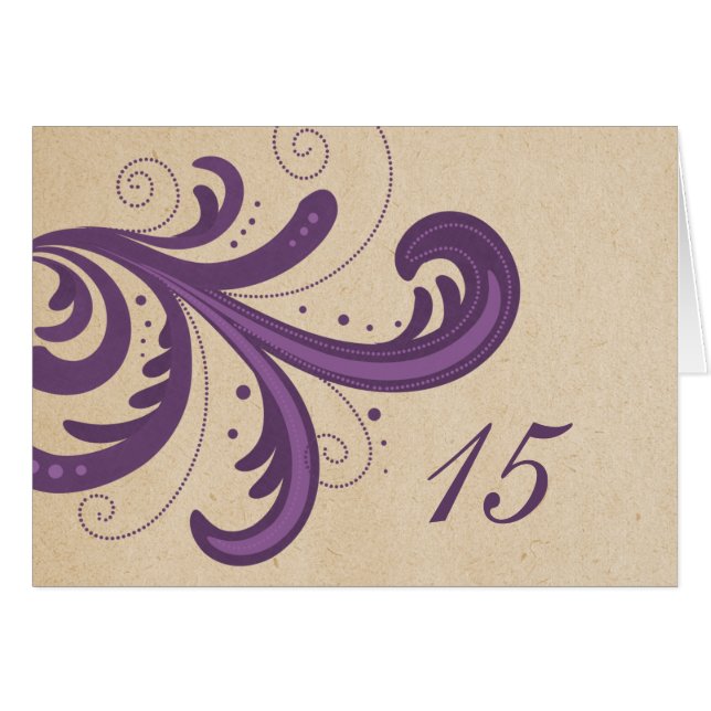 Purple Stylish Swirls Table Number Card (Front Horizontal)