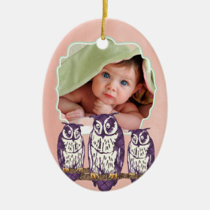 Purple Stylized Geometric Owl Family Ceramic Ornament
