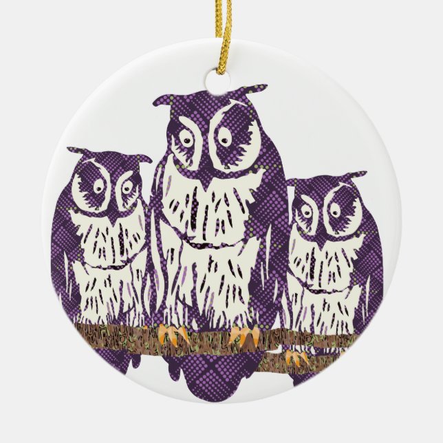 Purple Stylized Geometric Owl Family Ceramic Ornament (Front)