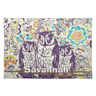 Purple Stylized Geometric Owl Family Cloth Placemat
