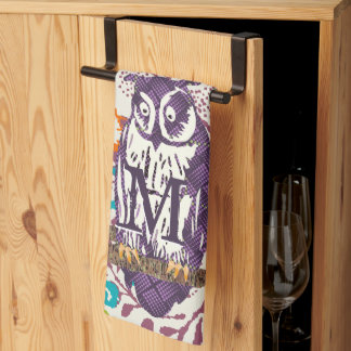 Purple Stylized Geometric Owl Family Kitchen Towel