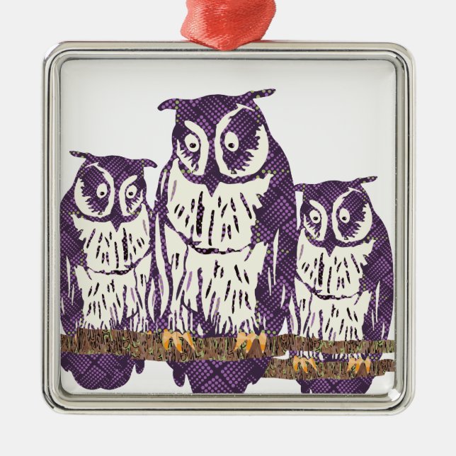 Purple Stylized Geometric Owl Family Metal Ornament (Front)