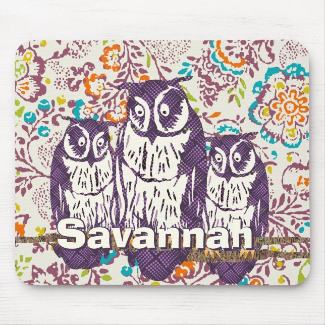 Purple Stylized Geometric Owl Family Mouse Pad (Front)