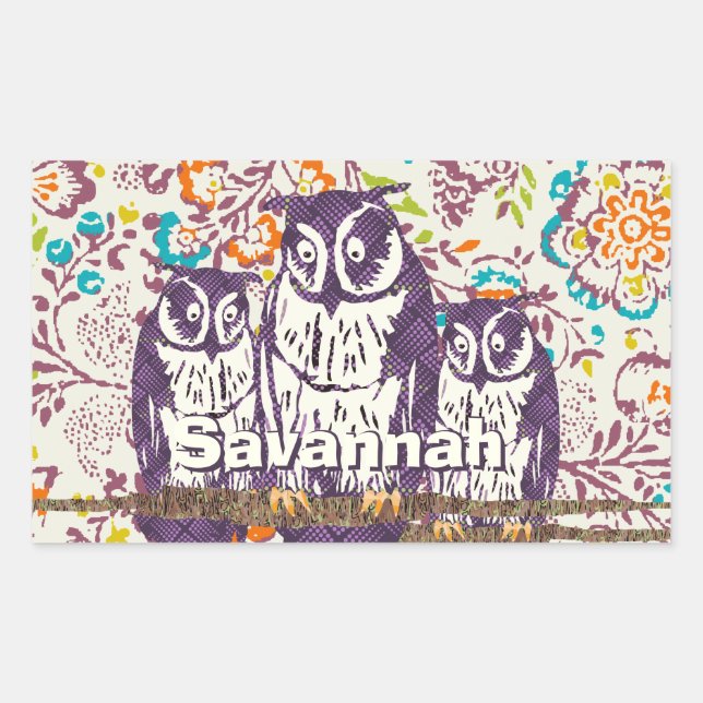 Purple Stylized Geometric Owl Family Rectangular Sticker (Front)