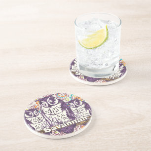 Purple Stylized Geometric Owl Family Sandstone Coaster