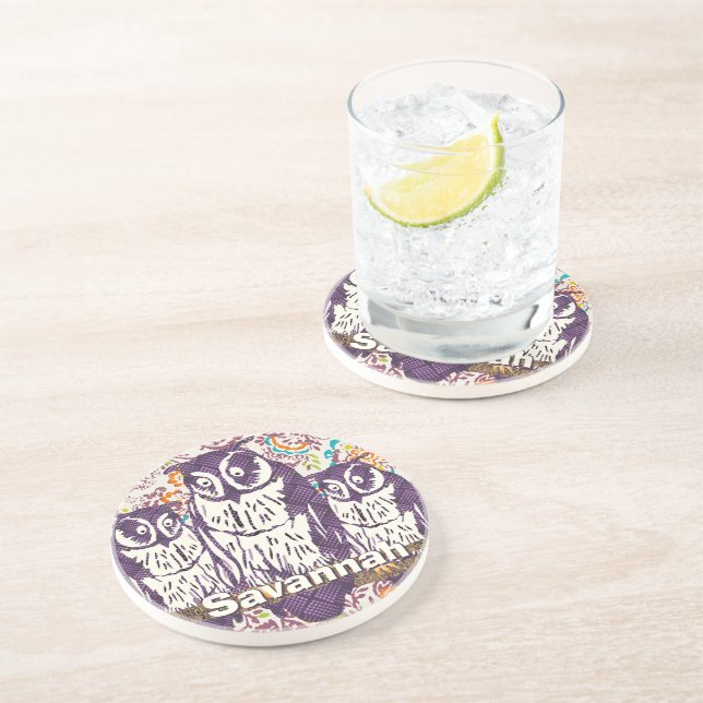 Purple Stylized Geometric Owl Family Sandstone Coaster (Side)