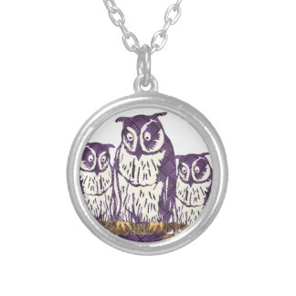 Purple Stylized Geometric Owl Family Silver Plated Necklace