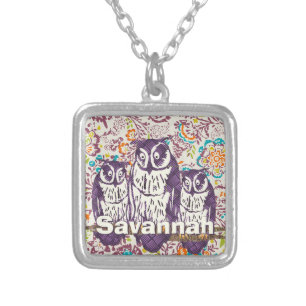 Purple Stylized Geometric Owl Family Silver Plated Necklace