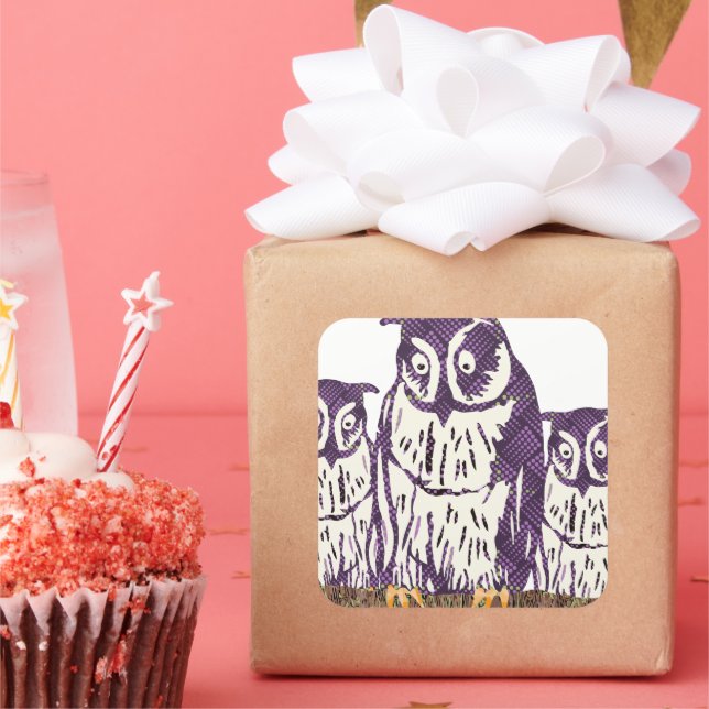 Purple Stylized Geometric Owl Family Square Sticker (Party)