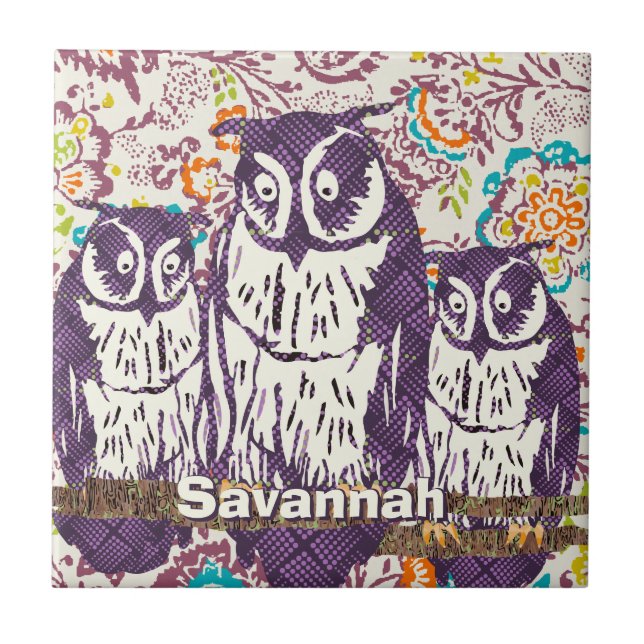 Purple Stylized Geometric Owl Family Tile (Front)