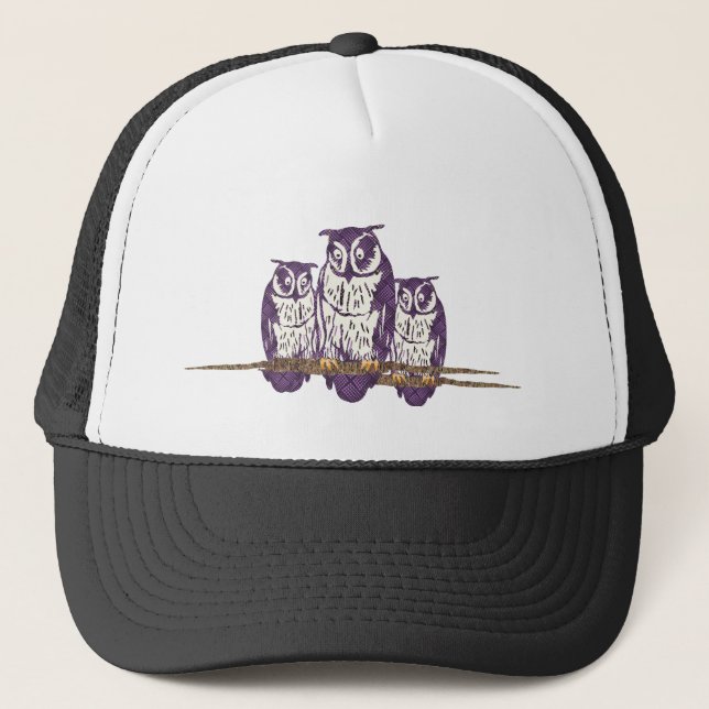 Purple Stylized Geometric Owl Family Trucker Hat (Front)