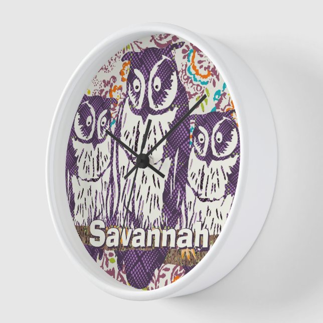 Purple Stylized Geometric Owl Family Wall Clock (Angle)