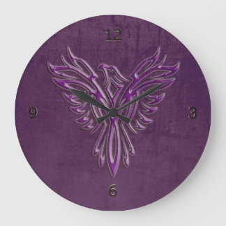 Purple stylized Phoenix Rising, leather texture Large Clock