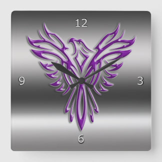 Purple stylized Phoenix Rising on metallic-look Square Wall Clock