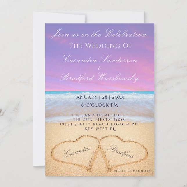 Purple Subset Beach Wedding 2 Hearts Sand Invitation (Front)