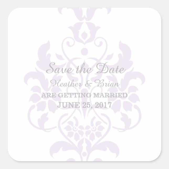 Purple Subtle Damask Save the Date Stickers (Front)