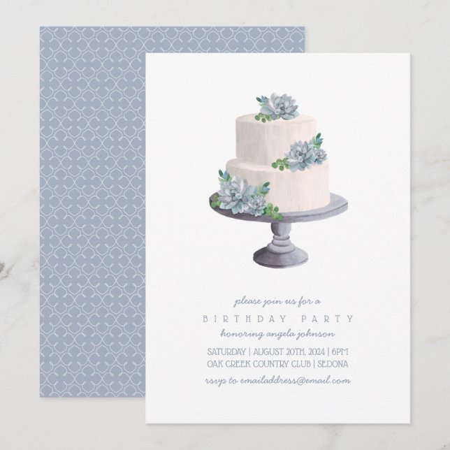 Purple Succulent Birthday Cake Invitation (Front/Back)