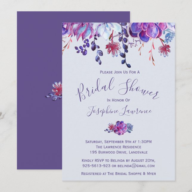 Purple Succulents Bridal Shower Invitation (Front/Back)