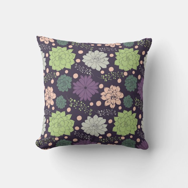 Purple Succulents Floral Pattern Fabric Throw Pillow (Front)