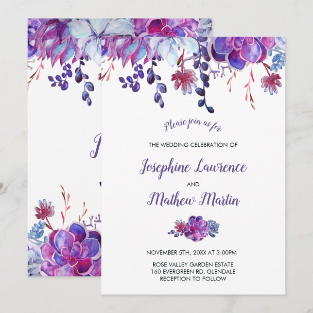 Purple Succulents & Foliage Wedding Invitation (Front/Back)