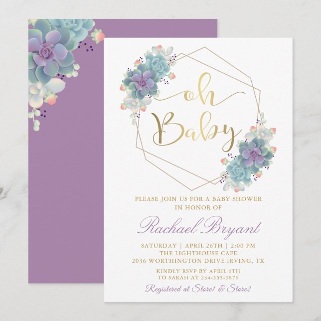 Purple Succulents Gold Geometric Baby Shower Invitation (Front/Back)