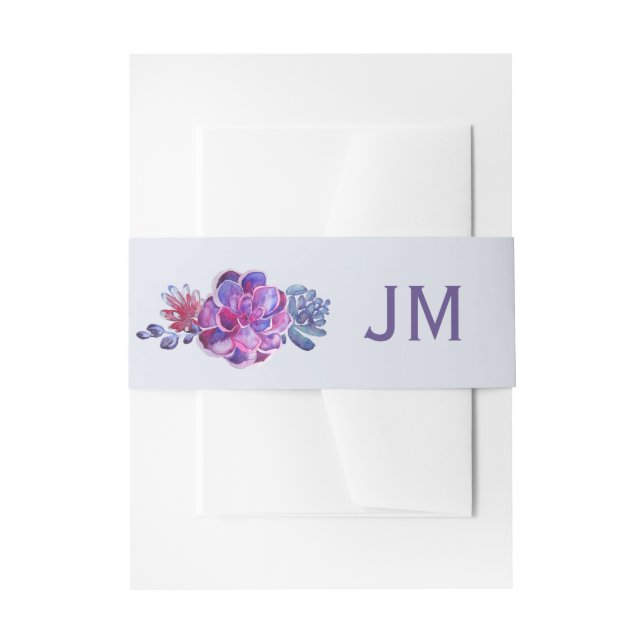 Purple Succulents Monogram Wedding Invitation Belly Band (Front Example)