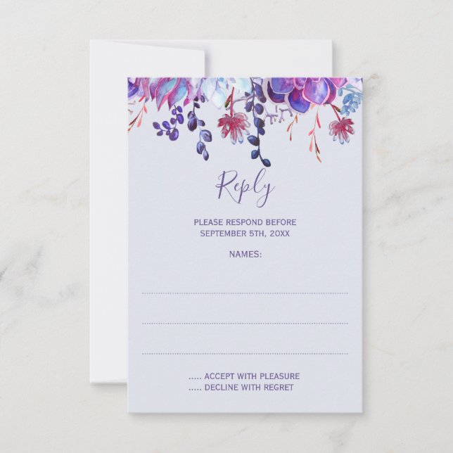 Purple Succulents Wedding Reply Cards (Front)