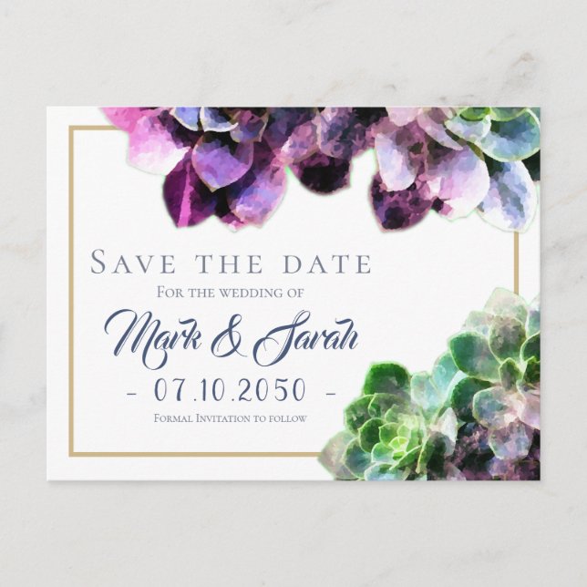 Purple Succulents Wedding Save the Date Announcement Postcard (Front)