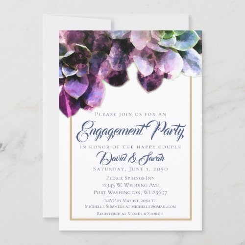 Purple Succulents with Blue Text Engagement Party Invitation