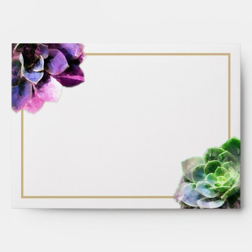 Purple Succulents with Blue Text Tan Line Wedding Envelope