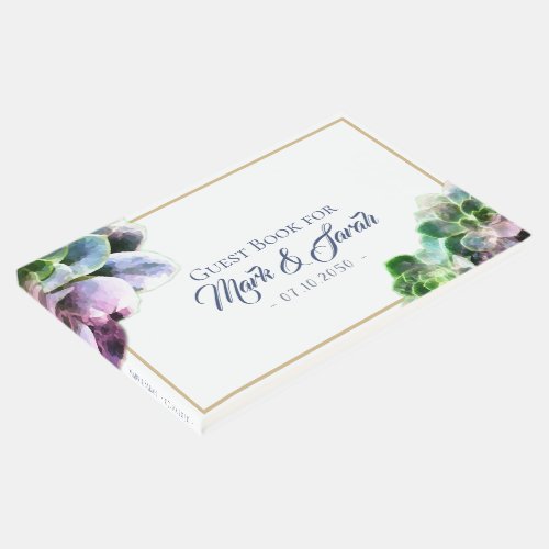Purple Succulents with Blue Text Tan Line Wedding Guest Book