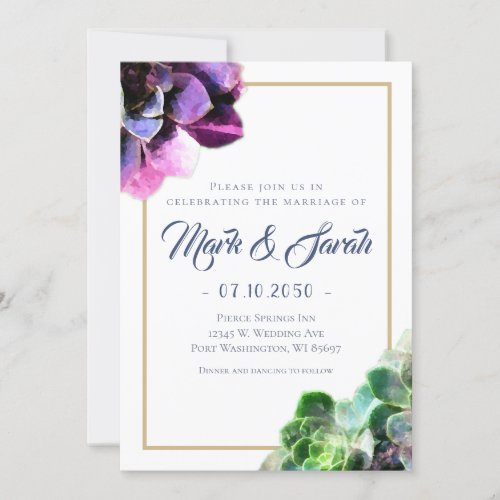 Purple Succulents with Blue Text Tan Line Wedding Invitation