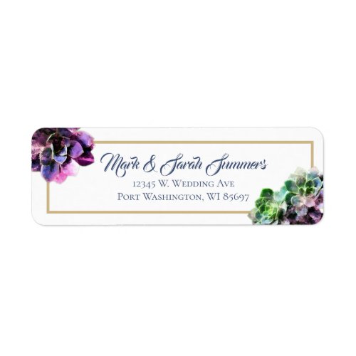 Purple Succulents with Blue Text Tan Line Wedding Label